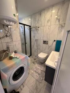 a bathroom with a toilet and a washing machine at Villa PALA in Kemer +22 photos