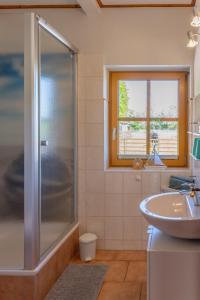 une salle de bain avec douche et lavabo dans l'établissement Ferienwohnung Fachwerkhaus - Süden unten - Bauernhof Hopp Vadersdorf, à Fehmarn 35 autres photos