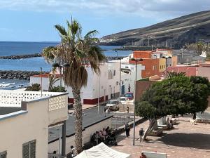 a view of a town with a palm tree and the ocean at Casa Brisa Marina in Puertito de Güímar
