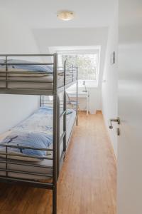 une chambre avec deux lits superposés et une fenêtre dans l'établissement Landhaus Ferienwohnung 1 - Bauernhof Hopp Vadersdorf, à Fehmarn