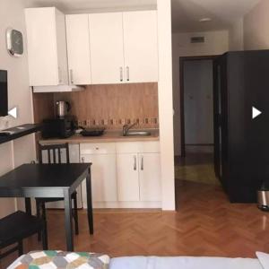 une cuisine avec des armoires blanches et un réfrigérateur noir dans l'établissement Apartman Lala, à Vrnjačka Banja