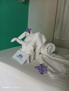 a stuffed elephant sitting on top of a bed at WS Beach Pousada in Porto De Galinhas