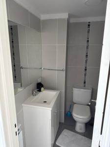 ein kleines Badezimmer mit Toilette und Waschbecken in der Unterkunft Departamento de 1 dormítorio más sofá cama en living in Marcos Juárez + 2 Fotos