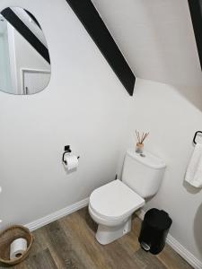 a bathroom with a white toilet and a mirror at The Loft Guesthouse NZ in Whangarei +37 photos