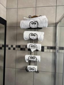 a bunch of towels on a towel rack in a bathroom at The Protea & Vine - Paarl - Self Catering Apartment in Paarl +63 photos
