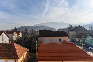 Blick auf eine Stadt mit Häusern und Bergen in der Unterkunft MoHost Harmony Apartments - Brasov City Center in Braşov