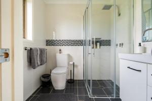 a bathroom with a toilet and a glass shower at King bed studio seperate entry sauna pool garden view in Terranora +16 photos