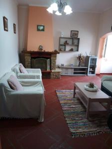Myrto's house في لياباديس: غرفة معيشة مع أريكة ومدفأة