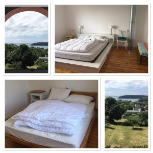 four pictures of a bedroom with a bed and a window at La Vigie in Crozon