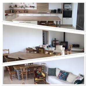 two pictures of a kitchen and a living room at La Vigie in Crozon