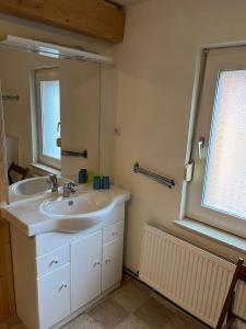 a bathroom with a sink and a mirror at Ferienwohnung mit Garten und Ostseenähe OVS 111 in Rakow