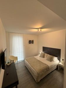 a bedroom with a bed and a desk and a television at Résidence Dary in LʼÎle-Rousse +30 photos