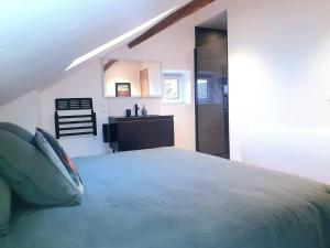 a bedroom with a large bed and a bathroom at La Maison Blanche 74 Annecy-le-Vieux in Annecy