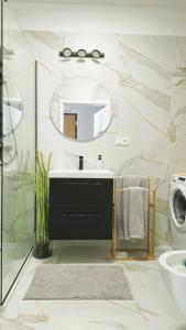 a bathroom with a sink and a mirror at Elite Home 5 Jeżyce- Barańczaka 5 in Poznań