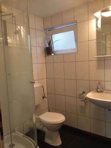WassenachにあるGemüliche Ferienwohnung Schmandinのトイレ、洗面台、窓のあるバスルーム