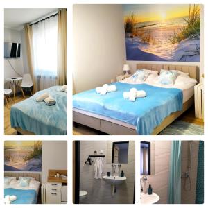 a collage of pictures of a bedroom with a bed and a bathroom at Dobre Miejsce - Łeba in Łeba