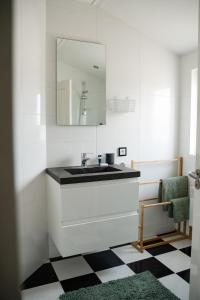 a bathroom with a sink and a mirror at De Os aan de Dijk 2 in Grafhorst +22 photos