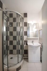 a bathroom with a shower and a sink at Pleasant T3 near the Thermes de Marlioz in Aix-les-Bains +5 photos