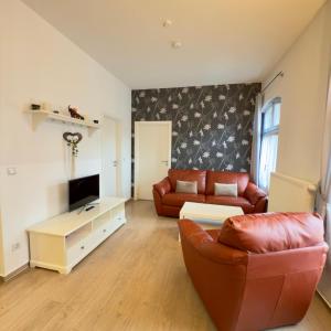 Una sala de estar con un sofá y un televisor. en RAHA Apartments - Historischer Charme direkt am Domplatz, en Erfurt