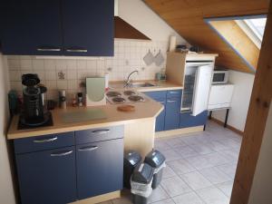 a kitchen with blue cabinets and a counter top at Antonia in Egling