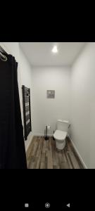 a bathroom with a toilet in a white wall at Élégant studio avec jacuzzi in Saint-Paul-de-Fenouillet
