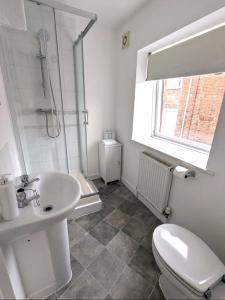 a bathroom with a sink and a toilet and a shower at Chichester Retreat City Centre Flat I Peaceful Location & Great Views - Chichester Holiday Properties in Chichester