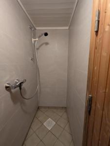 a small bathroom with a shower in a stall at Local small apartment near the beach in Kristiansand +11 photos