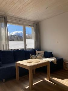 a living room with a blue couch and a table at Rast am Park in Bad Muskau