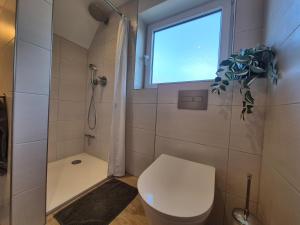 Un baño con inodoro, ventana y ducha. en Ferienwohnung Leer-Stadtmitte, 15131, en Leer