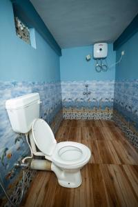 a bathroom with a toilet in a blue room at Monratino The Orange Farmstay - Darjeeling in Takdāh