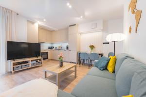 a living room with a blue couch and a television at Apartamenty Na Łąkach w centrum Ustronia in Ustroń