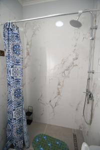 a bathroom with a shower with a shower curtain at Rose Garden Apartments in Mitikas