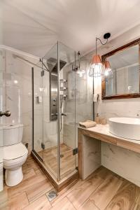 a bathroom with a shower and a toilet and a sink at Ikies Luxury Apartments in Ofrínion +88 photos