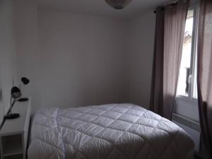 a bedroom with a white bed and a window at Charmante maison au cœur du village in Saint-Nicolas-de-Bourgueil