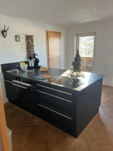 a kitchen with a black island with a sink at Am Stadtpark in Reutte