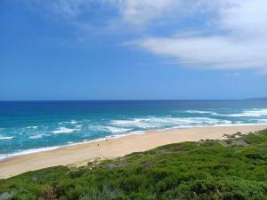 a beach with people walking on the sand and the ocean at Oystercatcher Guest House in Wilderness