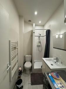 a bathroom with a toilet and a shower and a sink at Joli Studio Confortable Proche Gare, Centre Ville Et Autoroutes in Melun