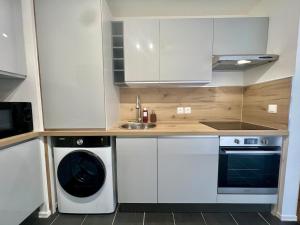 una cocina con lavadora y fregadero en Le Silène T3 - 4 personnes, en Cluses 6 fotos más