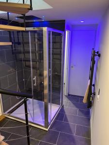 耶尔Petite maison cosy et moderne avec bain à remous的浴室设有玻璃淋浴间,拥有紫色的灯光 更多13张照片