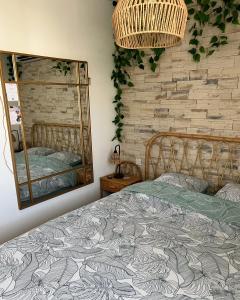 耶尔Petite maison cosy et moderne avec bain à remous的带床和镜子的卧室