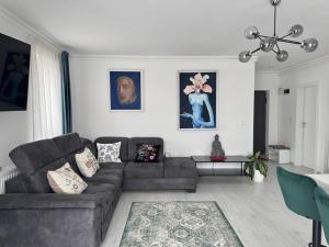 a living room with a couch and a table at 12 Apartament in Târgu-Mureş