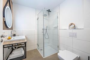 ein Badezimmer mit Dusche, Toilette und Waschbecken in der Unterkunft Deluxe Studio-Apartment "Wiking-Koje 11" direkt an der Schlei in Schleswig