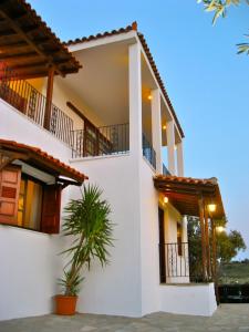 una casa blanca con una palmera delante de ella en Xanemos Villa en Skíathos