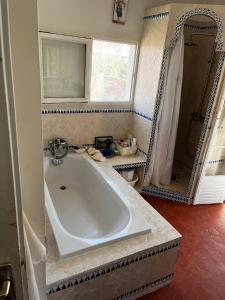 Un baño con una bañera grande y un espejo. en Jardin d'eden, en La Ciotat