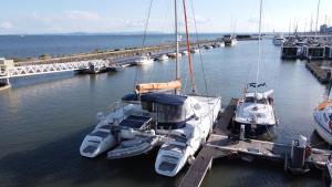 two boats are docked at a dock in the water at Catamaran Corto Maltese III in Lisbon