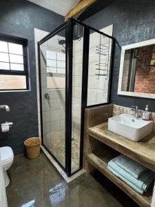 a bathroom with a glass shower and a sink at Modern Cosy Apartment in Plettenberg Bay