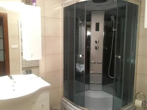 una ducha de cristal en un baño con lavabo en Villa Manatt, en Stará Lesná 38 fotos más