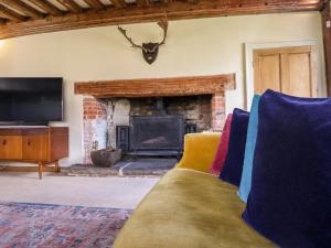 a living room with a couch and a fireplace at Brook Farm in Harleston