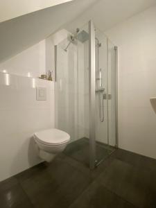 a white bathroom with a toilet and a shower at Zon & blij in Katwijk aan Zee