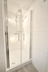 una ducha con puerta de cristal en un baño en Altstadtapartment Remise, en Heidelberg